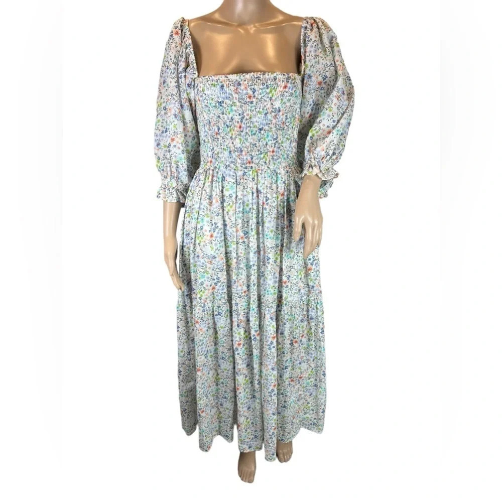 KARLIE Womens White Floral Smocked Maxi Dress Puff Sleeve Size Small - Picture 2 of 13